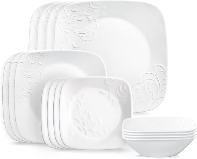 Corelle Cherish 16pc Dinnerware Set Service for 4 8 Plates 8 Bowls Chip &amp Break Resistant White Corelleware