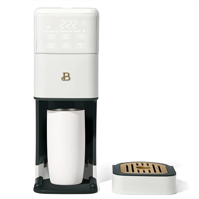 B - Perfect Grind Programmable Single-Serve Coffee Maker with Built-In Grinder Fresh Ground Brewing Touch Controls Reusable Filter Compact Countertop Design