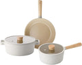 FIKA 5-Piece Nonstick Cookware Pot and Pan Set with Lid Healthy Cooking Ceramic Coated Skillet with Natural Wood Handle Induction Gas Stove Compatible Kitchenware Everyday Cooking Made in Korea