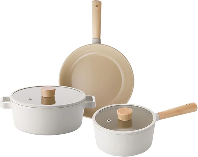 FIKA 5-Piece Nonstick Cookware Pot and Pan Set with Lid Healthy Cooking Ceramic Coated Skillet with Natural Wood Handle Induction Gas Stove Compatible Kitchenware Everyday Cooking Made in Korea