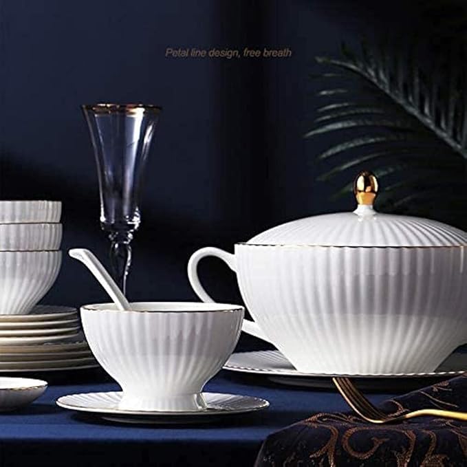 Dinnerware Set Gold-Plated 62-Piece Place Setting Kitchen Dish Set Includes Dinner Plates/Salad Bowl/Spoon Luxury Bone China Tableware