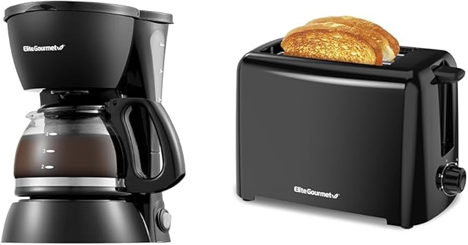 Elite Gourmet 4-Cup Coffee Maker 2-Slice Cool Touch Toaster with Extra Wide Slots and 6 Browning Settings Bundle