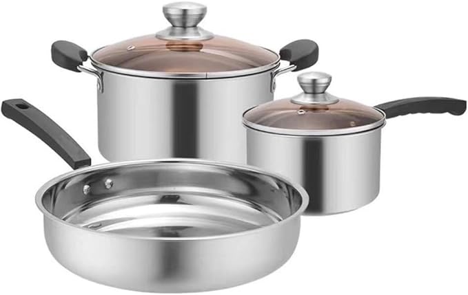 3-Piece Stainless Steel Cookware Set – Non-Stick Soup Pot Pan &amp Pot for Induction Gas and Electric Stoves Bakelite Handle