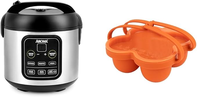 AROMA® 8-Cup Digital Rice Cooker and Egg Bite Mold Bundle - Compact Cooker for Rice Grains and Egg Bites | Includes Rice Cooker (ARC-994SB) and Silicone Mold (AAC-001)