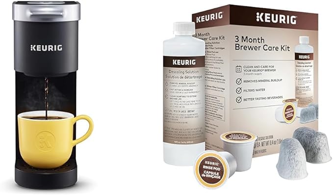 Keurig K-Mini Single Serve Coffee Maker Black &amp 3-Month Brewer Maintenance Kit Includes Descaling Solution