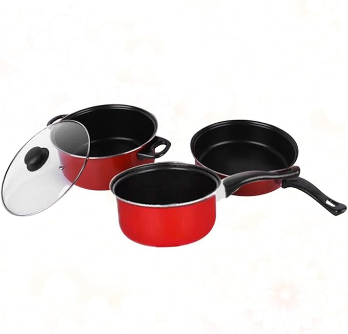 STOBAZA 3pcs Nonstick Frying Pan Soup Pot Milk Pan Set Red Multifunctional Kitchen Cookware Cooking Tool for Home Daily Use