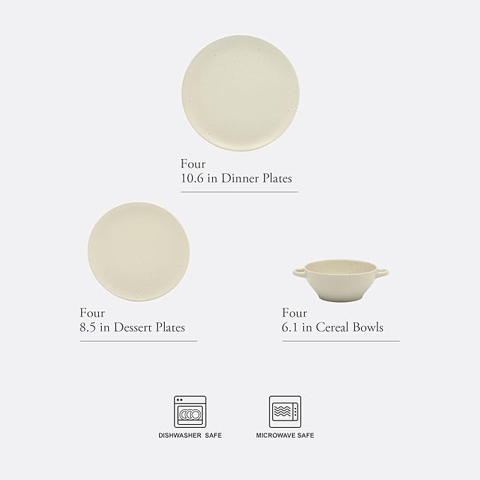 Gibson Elite Clover Hill 12-Piece Stoneware Dinnerware Set – White Cream Embossed Plates and Bowls with Matte Speckled Reactive Glaze Service for 4 – Microwave &amp Dishwasher Safe