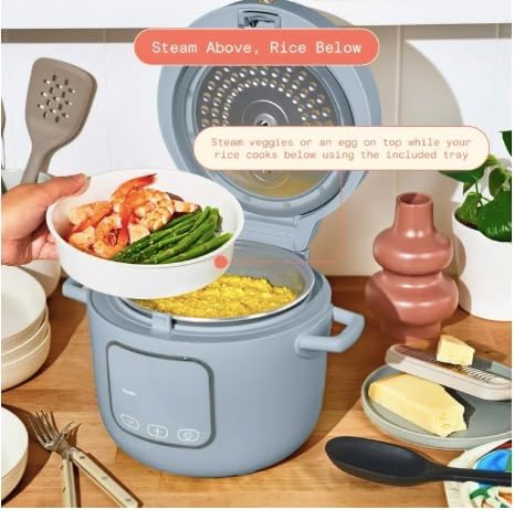 14-Cup Rice &amp Grain Cooker Touch-Activated Display 8 Presets Ceramic Nonstick Coating Steamer &amp Egg Tray Automatic Keep Warm Programmable 24 Hours (Blue)