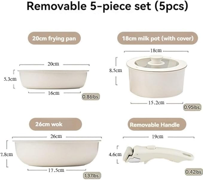 Cookware Set 5/11 Piece Utensils Cookware Set Removable Handle Stackable Nonstick Cooking Set for Kitchen With All Stovetops for Kitchen (White 5PCS)