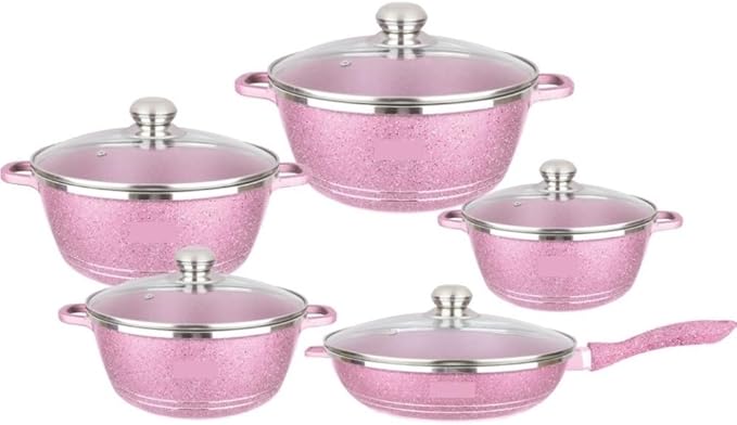 Kitchen Cooking Sets 5 Pcs Cooking Pot Nonstick Cookware Sets with Glass Lids Aluminium Home Frying Pan Stock Pot Kitchen Supplies Cookware Sets(Pink)