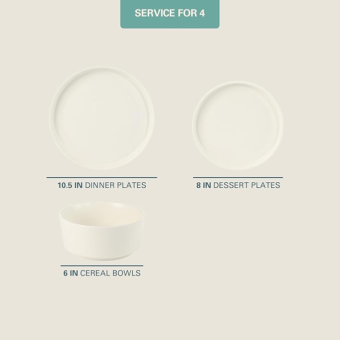 Gibson Home Dempsey Road 12-Piece Stoneware Dinnerware Set – Service for 4 Round White Plates and Bowls Durable Solid Color Modern Embossed Dish Set Microwave &amp Dishwasher Safe