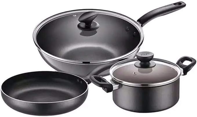 3 Pc Cookware Set Non Stick Coating Pan Setswith Tempered Glass Cover Non-Scald HandleSuitable for Many Kinds of Gas Including Cooker. Easy to Clean Pan Set