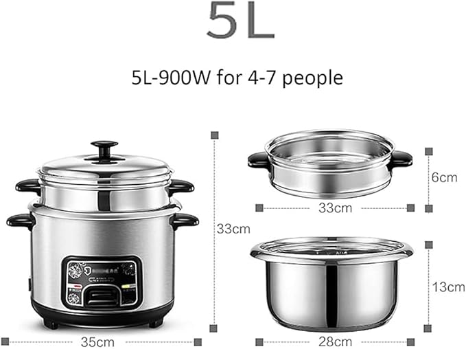 Rice Cooker-Steamer 201 Stainless Steel Rice Cooker with Spatula and Measuring Cup for 1-7 People (2L) ()