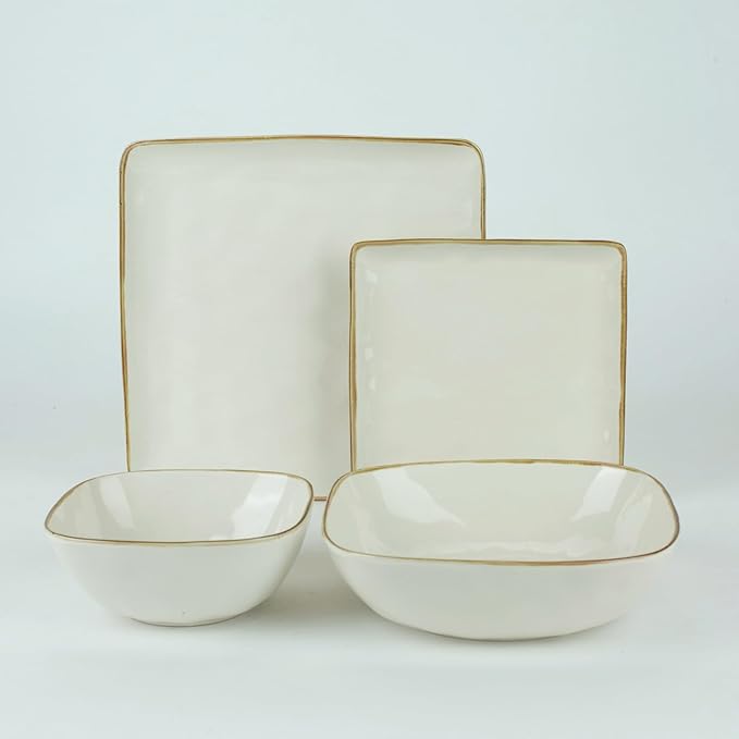 Famiware Ocean Square Plates and Bowls Sets for Kitchen 16-Piece Dinnerware Sets for 4 Microwave and Dishwasher Safe Vanilla White