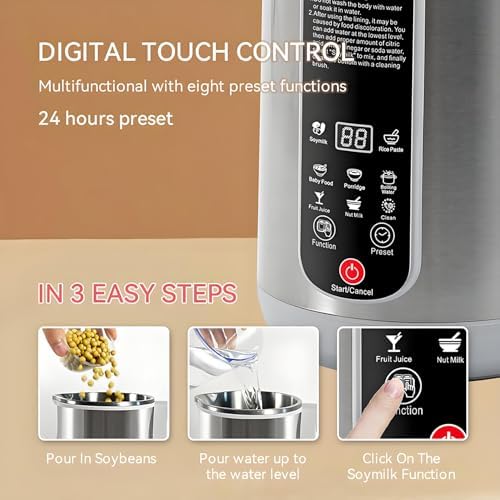 Soy Milk Maker with 12-Blade Cutter LED Display Delay Start Keep Warm Boil Water for Homemade Nut Milk