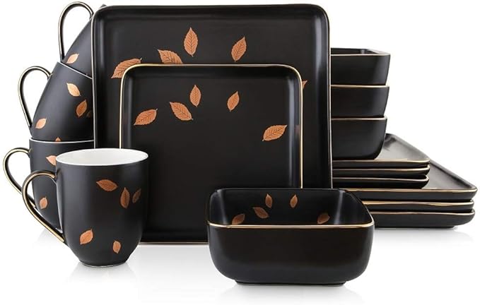 16 Piece Modern Trendy Art Porcelain Square Dinnerware Sets Embellished Gold Leaves Design Microwave &amp Dishwasher Safe Black Dinnerware Sets for 4 Large Dinner &amp Salad Plates Deep Bowls and