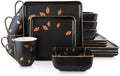 16 Piece Modern Trendy Art Porcelain Square Dinnerware Sets Embellished Gold Leaves Design Microwave &amp Dishwasher Safe Black Dinnerware Sets for 4 Large Dinner &amp Salad Plates Deep Bowls and