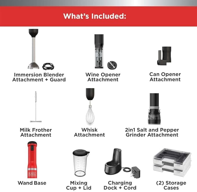 BLACK+DECKER Kitchen Wand Cordless Immersion Blender 6 in 1 Multi Tool Set Hand Blender with Charging Dock Red (BCKM1016KS06)