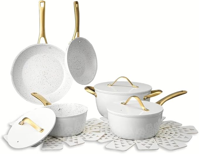 12-Piece Nonstick Pots and Pans Set – Heavy-Duty Aluminum Titanium Nonstick Induction Compatible Oven Safe Cookware Set with Lids &amp Protectors – Premium Kitchen Set (White/Gold)