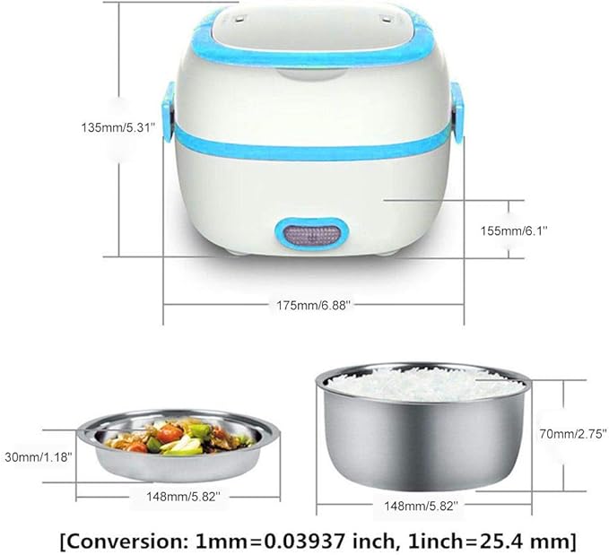 Multifunctional Electric Lunch Box Mini Rice Cooker Portable Food Heater Steamer with Stainless Steel Bowls Egg Steaming Rack Spoon Measuring Cup for Use in Office Outdoor School