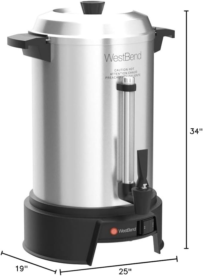 West Bend Commercial Coffee Urn Highly-Polished Aluminum Features Automatic Temperature Control Large Capacity with Quick Brewing Smooth Prep and Easy Clean Up NSF Approved 55-Cup Silver
