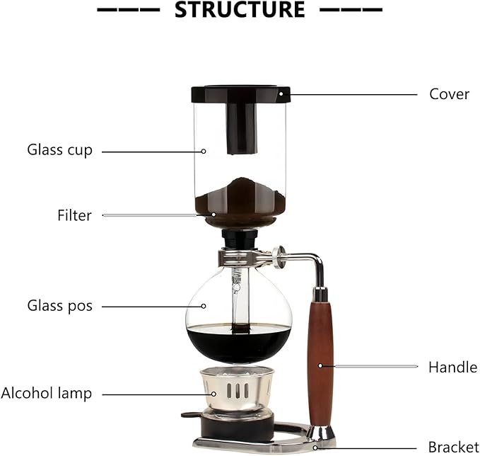 Glass Siphon Coffee Maker Automatic Vacuum Coffee Brewer 3-Cup (360ml) with Alcohol Burner Adjustable Buffer Clamp Stainless Steel Bracket Base for Coffee Aficionados