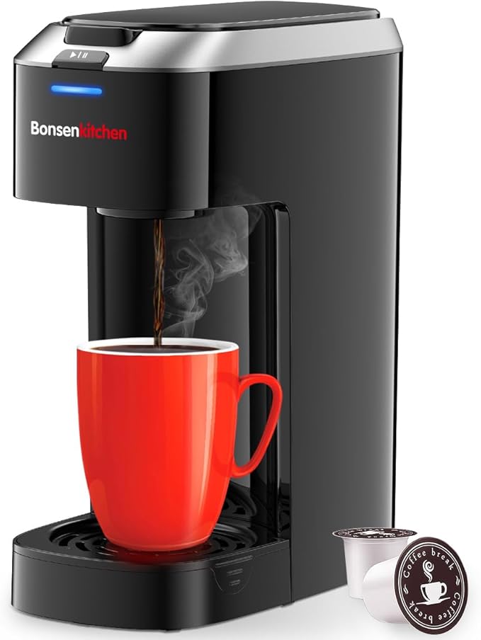 Bonsenkitchen Single Serve Coffee Maker K Cup Pod with 6-14oz Brew Size- 3 Min Fast Brewing Machine with Strength Control BPA-free Materials Fits 6.6 Travel Mugs Silver Upgrade