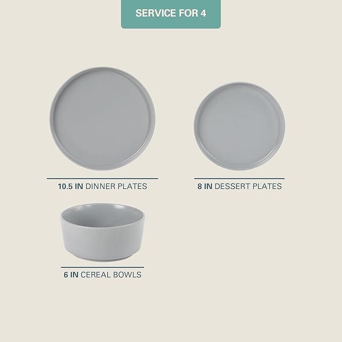Gibson Home Dempsey Road 12-Piece Stoneware Dinnerware Set – Service for 4 Round Grey Plates and Bowls Durable Solid Color Modern Embossed Dish Set Microwave &amp Dishwasher Safe
