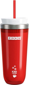 Zoku Instant Iced Coffee Maker Reusable Beverage Chiller Cools Hot Beverages in Minutes Without Dilution Portable 11-ounce Tumbler With Spill-resistant Lid and Straw Red