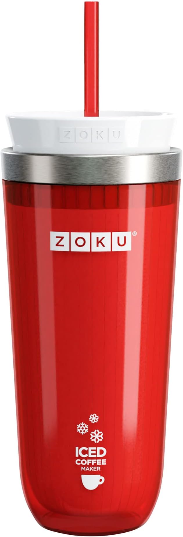 Zoku Instant Iced Coffee Maker Reusable Beverage Chiller Cools Hot Beverages in Minutes Without Dilution Portable 11-ounce Tumbler With Spill-resistant Lid and Straw Red