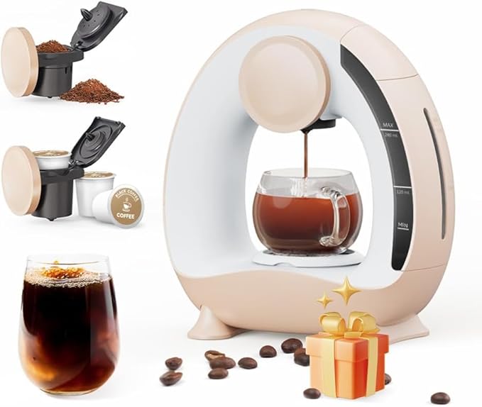 BENFUCHEN Pod and Grounds Single-Serve Coffee Maker 2 in 1 One Cup Coffee Machine Compatible with K-Cup Pod &amp Coffee Grounds/Tea Compact Design 4-8oz Champagne Color
