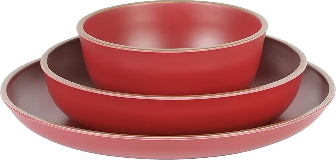 12-Piece Melamine Dinnerware Set – Double Bowl Lightweight Shatter-Resistant Plates and Bowls with Matte Finish – Dishwasher Safe Outdoor and Everyday Dining Set (Red)