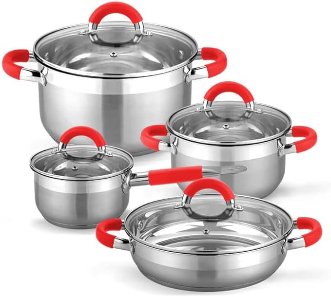 Cookware 8 Pieces Sets of Pans and Pots for Induction Vitroceramic and Gas. Glass Lids. Stainless Steel.