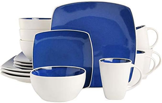 Modern Matte Glaze Square Dinnerware Set - 16 Piece Stoneware Service for 4 Dishwasher &amp Microwave Safe Teal Finish (Cobalt Blue)
