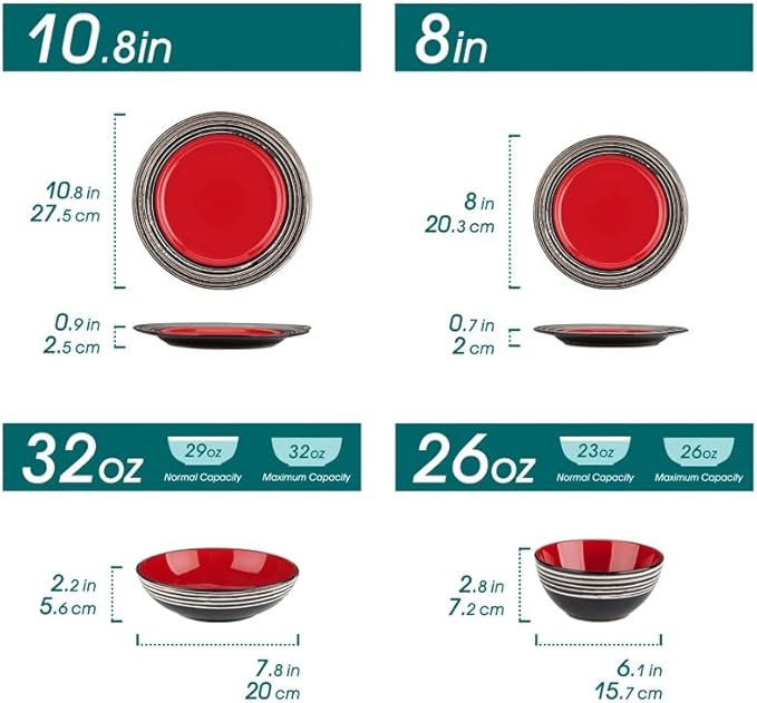 16 Piece Stoneware Dinnerware Set with Dinner Dessert Plate Cereal Pasta Bowl Service for 4 Person