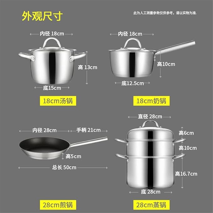 Cookware Set Stainless Steel Household Frying Pan Soup Pot Set Tool Steamer Frying Pan Glass Lid Kitchen Utensils (Color : A Size A (A