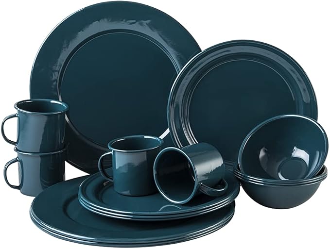 Cinsa 16 Piece. Enameled Dinnerware Camping/Outdoor Set for 4. Includes Plates Bowls Mugs Coffee Boiler
