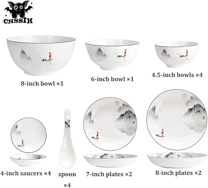 Chinese Dinnerware Set for 4/6/12 Black and White Plates and Bowls Porcelain 18 Pieces