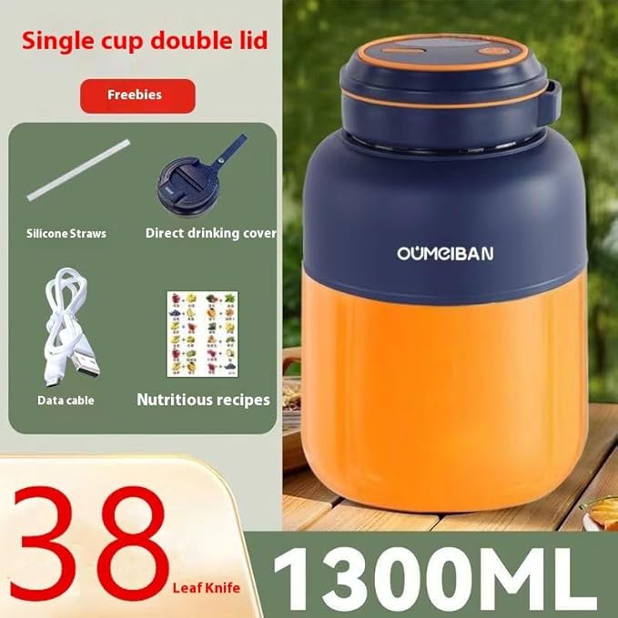 OUMGIBAN Portable Wireless Electric Juicer Cup Small Juicer Blender 1300ml Capacity Navy Blue and Orange