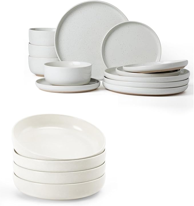 Famiware Milkyway Plates and Bowls Set 12 Pieces Dinnerware Sets and 4 Pieces Pasta Bowls Sturdy &amp Stackable Stoneware Dishes Set for 4 White