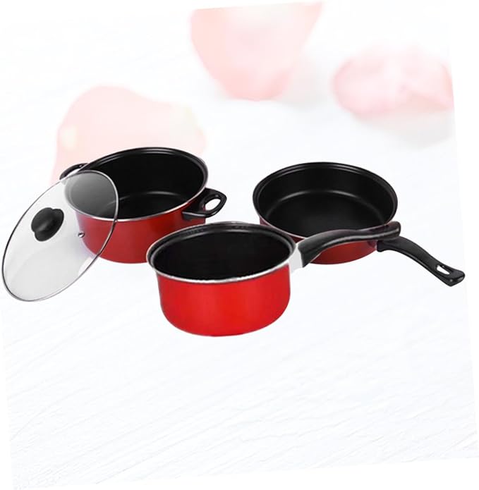 FUOYLOO 3pcs Nonstick Frying Pan Soup Pot Milk Pan Set Red Kitchen Cookware Multifunctional Cooking Tool Home Daily Use
