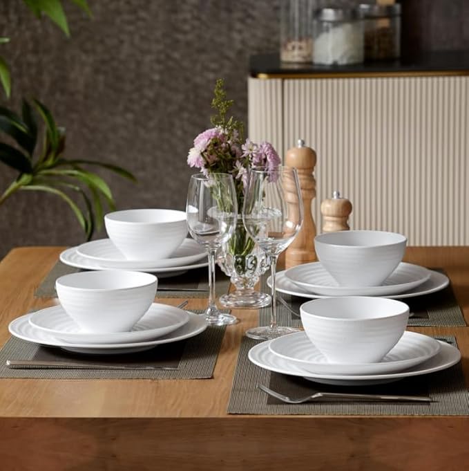 White Melamine Dinnerware Sets12PCs Anti-scratch Dishes Set Lightweight and Non breakable DinnerwareSuit for Indoor and Outdoor Use Dishwasher SafeBPA free (Classic White)