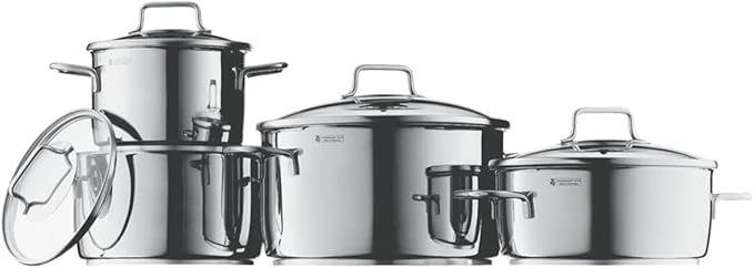 WMF Pot Set 4-Piece Astoria Pouring Rim Glass Lid Cromargan Stainless Steel Polished Suitable for Induction Hobs Dishwasher-Safe