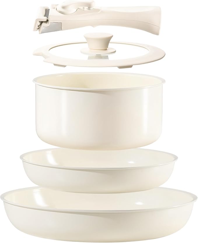 Chef Power Ceramic Nonstick Cookware Set 5 Piece with Detachable Handle Induction Dishwasher Oven Safe Pans and Pots Set RV Kicthen Set Removable Handle Cream White