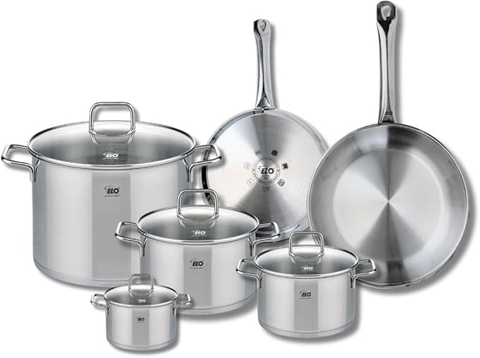 ELO 9504350 6-Piece Cookware Set 2 Frying Pans 24 and 28 cm and 4 Saucepans 12 16 20 and 26 cm Elo Profi Citrine Stainless Steel Induction