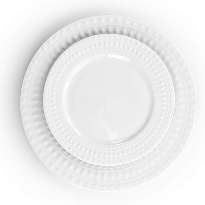 16-Piece Porcelain and Stoneware Dinnerware Set – White or Blue Round Plates and Bowls with Embossed Pattern Microwave &amp Dishwasher Safe Tableware for 4 (White)