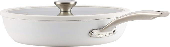 Circulon Halo with LaserDefense Ceramic Nonstick Frying Pan with Helper Handle and Lid Made without PFAS Compatible with All Stovetops Dishwasher and Oven Safe 12 Inch Skillet - Pearl White