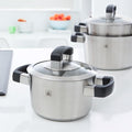BK Conical Cool Glas Stainless Steel Induction 4-Piece Cookware Set with Lid Oven and Roasting Safe up to 230C Dishwasher Safe Stay-Cool Handles PFAS-Free Silver