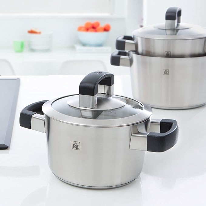 BK Conical Cool Glas Stainless Steel Induction 4-Piece Cookware Set with Lid Oven and Roasting Safe up to 230C Dishwasher Safe Stay-Cool Handles PFAS-Free Silver