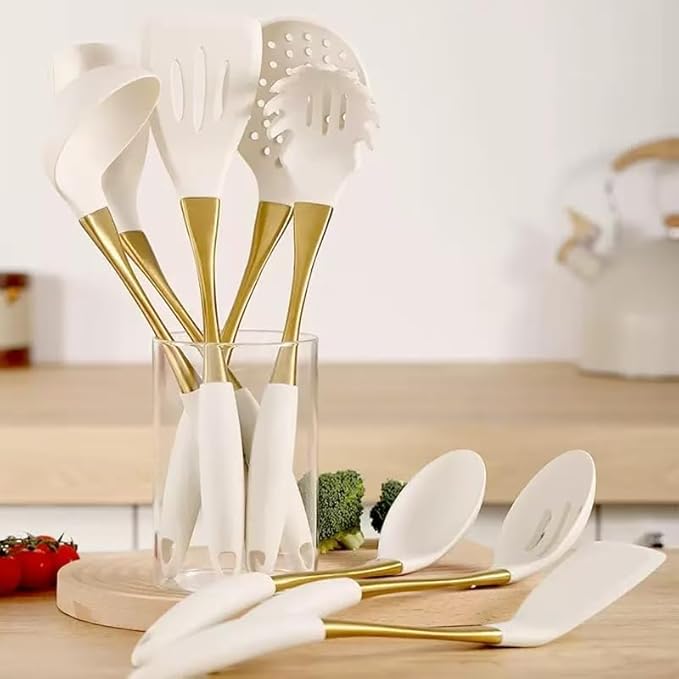 8-Piece White Kitchen Utensil Set with Gold Handles Stainless Steel Cooking Tools Includes Spatulas Ladle Spoons for Nonstick Cookware (Gold and White)
